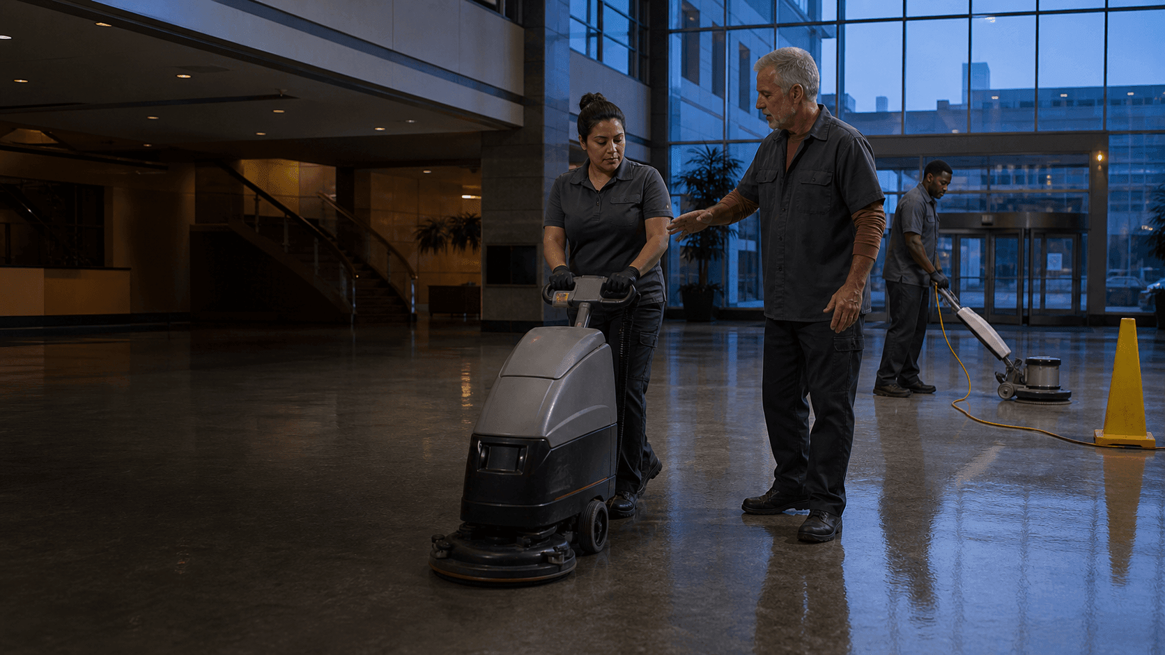 Commercial cleaning crew at work